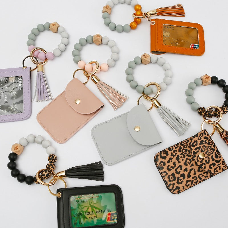 Wholesale Tassel Silicone Wrist Beech Leopard Print Card Bag Keychains